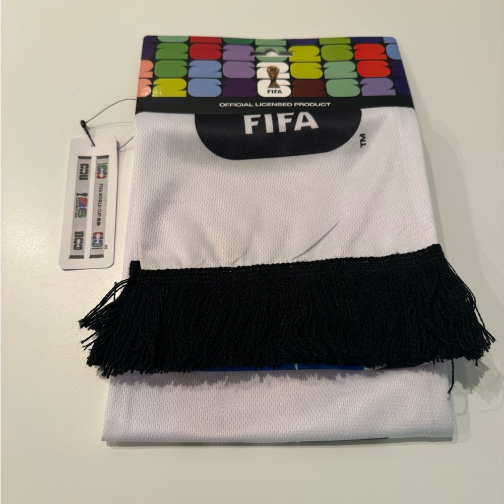 FIFA 2026 MEXICO CANADA USA Soccer White and Black Scarf with Fringe NEW MWT